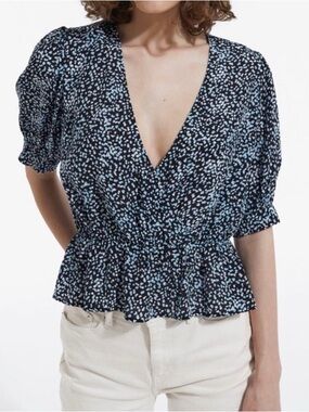 The Kooples Navy Peplum V-Neck Blouse with Light Blue Spot Print